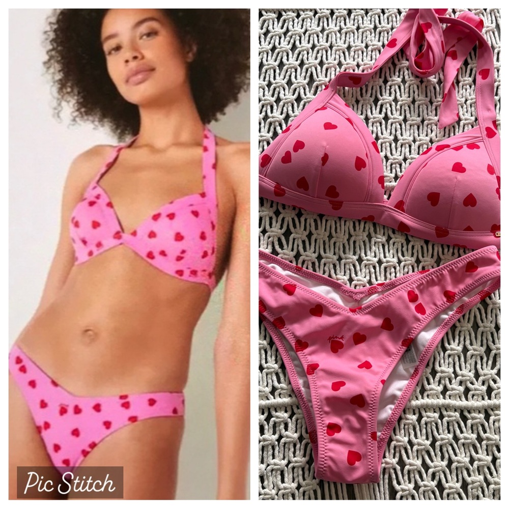 NEW! PINK by VS Dreamy pink hearts triangle bikini set